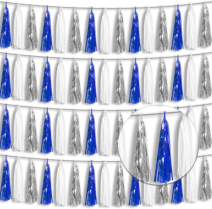 4P Navy Blue White Silver Foil Fringe Tassel Banner Garland Metallic Tinsel Streamers Wall Hanging Curtain Backdrop Banner for Parade Floats, 2024 Graduation Decorations, Retirement Party Decorations