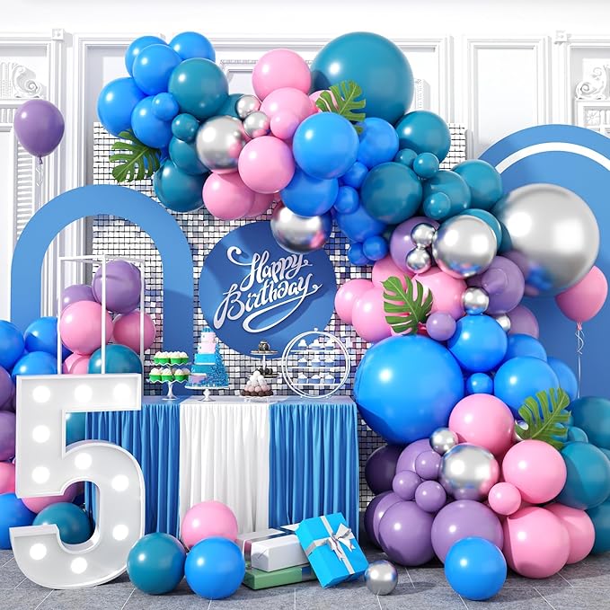 Blue Purple Balloon Arch Garland Kit, Purple Pink Blue Metallic Silver Balloons for Kids Birthday Hawaii Tropical Party Supplies Video Gaming Baby Shower Party Decorations