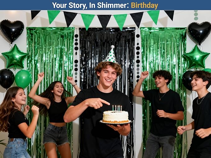 3 Packs Green Black Foil Fringe Curtains Green Birthday Decorations Streamer 9.9ft Wide for Wedding Party Backdrop Bridal Shower Tinsel,Birthday Party Door Cover Each 3.3 x 6.5 ft