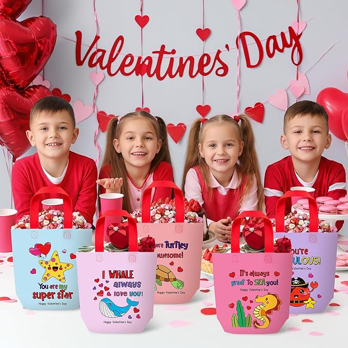 Valentine's Day Coloring Goodie Bag for Kids - 24Pcs Ocean Animal Bulk Color Your Own Gift Bag with Handle Ocean Theme Reusable Coloring Non Woven Tote Bag for Valentine Party DIY Painting Craft Favor
