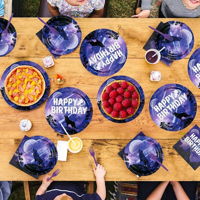 96Pcs Wolf Birthday Party Supplies Galaxy Wolf Plates and Napkins Black Purple Galaxy Disposable Paper Tableware Set for Animal Theme Birthday Outdoor Holiday Party Supplies Serves 24