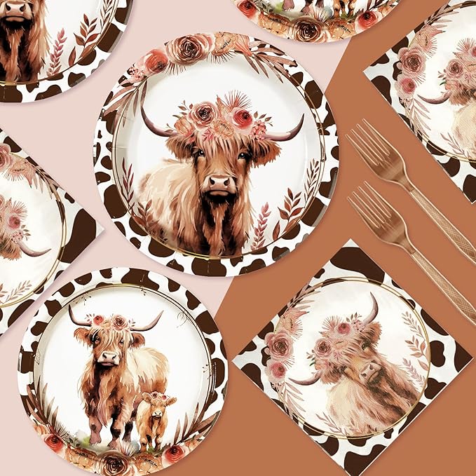 96Pcs Fall Highland Cow Party Supplies Brown Cow Plates and Napkins Tableware Set Disposable Floral Highland cow Party Decorations for Autumn Kid Birthday Baby Shower Western Farm Animal party Serve24