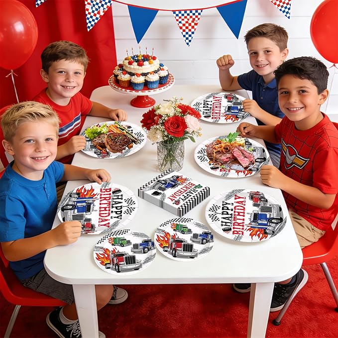 96Pcs Semi Truck Birthday Party Decorations Truck Car Happy Birthday Plates and Napkins Sets Transportation Theme Decorations for Truck-Theme Transportation Construction Bday Party Supplies Serves 24