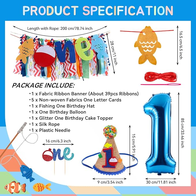 Ofishally Highchair Banner for Baby First Birthday Party Decorations Gone Fishing High Chair Tassel Garland Banner Ofishally One Birthday Party Fabric Banner for Boy 1st Bday Photo Props Backdrop Decors