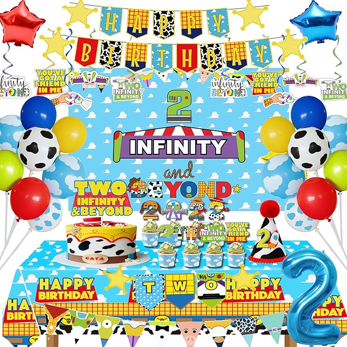 METIXOZE Two Infinity and Beyond Birthday Decorations Blue Clouds Cartoon Story 2nd Birthday Party Supplies include Backdrop Crown Cake Cupcake Toppers Hanging Swirls Two Banner Balloons Tablecloth