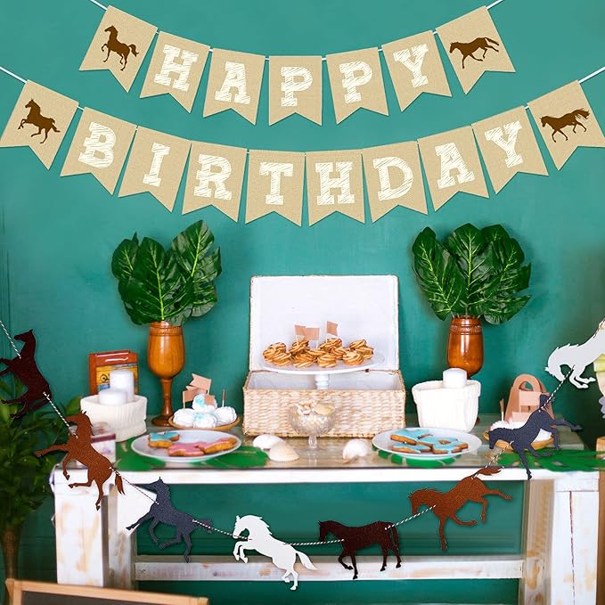 Tatuo 3 Pcs Horse Birthday Banner Party Decorations Derby Racing Horse Banner Paper Bunting Garland Farm Theme Decor for Present Birthday Wedding Party Supplies, Pre Assembled Hanging Decoration