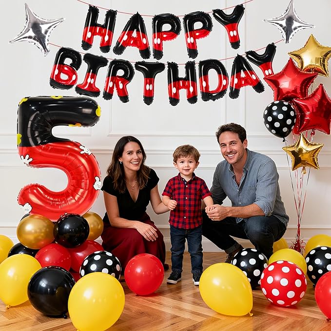 YIIHMEI Cartoon Mouse Balloons Birthday Decorations Party Supplies Boy Red And Black Foil Balloon Banner 40inch Number 5