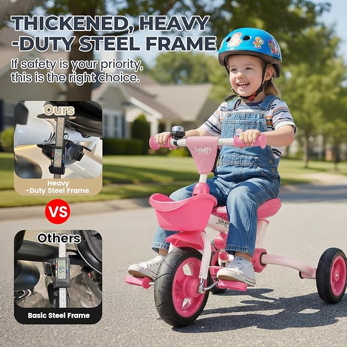 JMMD 8 in 1 Tricycle Stroller with Push Handle, Foldable Trike with 360° Swivel Seat, Reclining Backrest, All-Terrain Wheels, Dual Brakes, Canopy & Storage, Gift for Kids 18 Months to 5 Years, Pink