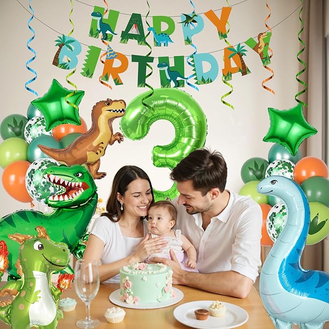 Amandir Dinosaur 3rd Birthday Party Decorations for Boys Girl, Foil Green Star Number 3 Dinosaur Balloons with Happy Birthday Banner Hanging Swirls for Three Rex Dino Baby Shower Kids Party Supplies