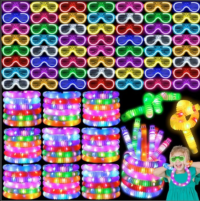 60 Pcs Glow in the Dark Party Supplies 30 LED Light Up Glasses 30 Glow Sticks LED Party Favors Light Up Pop Tubes Flash Glasses LED Bracelet Necklace for Birthday Wedding Goodie Bag