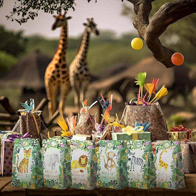 Watercolor Safari Party Favor Bags - 24 Pcs Jungle Party Candy Bags with Stickers - Jungle Goodie Gift Treat Bags - Watercolor Safari Themed Birthday Party Supplies
