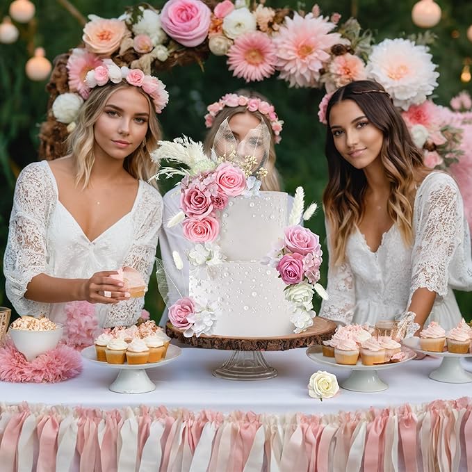 33 PCS Boho Cake Topper Decorations Vintage Artificial Rose Flowers Leaves Various Dried Pampas Grass for Cake Decorating Kit for Wedding Bridal Birthday Party Supplies (Pink)