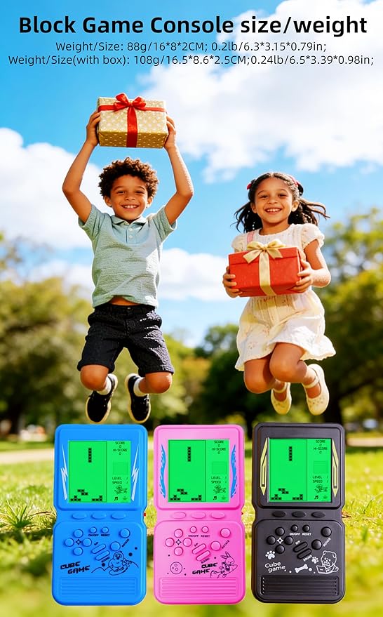 Green Backlight Block Game Console Built-in 23 Building Brick Retro Games Electronic Cube Puzzle Kid's Birthday Outdoor/Indoor/Travel Leisure Entertainment (Black)