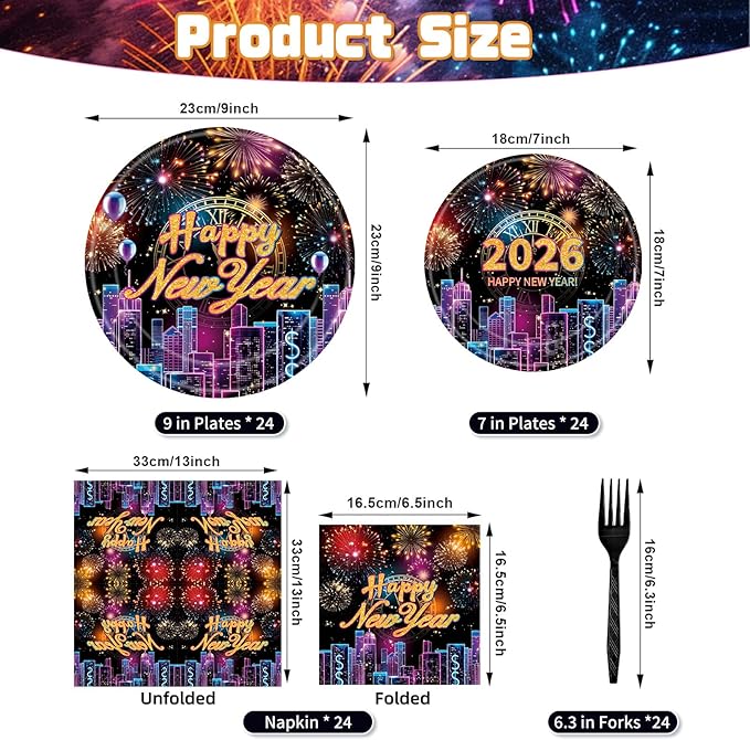 96 Pieces Happy New Year 2026 Tableware Set – Fireworks and City Night Skyline Disposable Plates, Napkins, and Forks for New Year’s Eve Parties, Countdown Celebrations – Serves 24 Guests