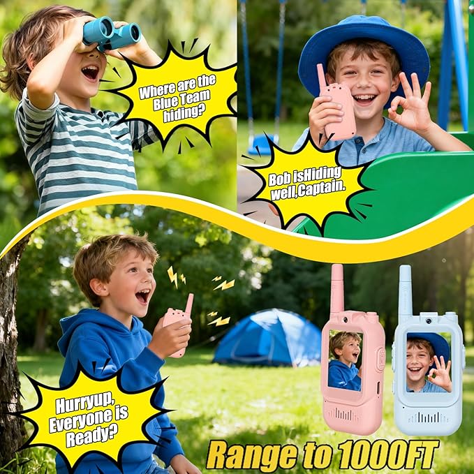Video Walkie Talkies for Kids Pack of 2, Long Range 2 inch Screen Rechargeable Video Chat Intercom, Indoor Outdoor Voice Effects Toys for Family Games, Camping, Hiking, Gift for Boys Girls Ages 3-12