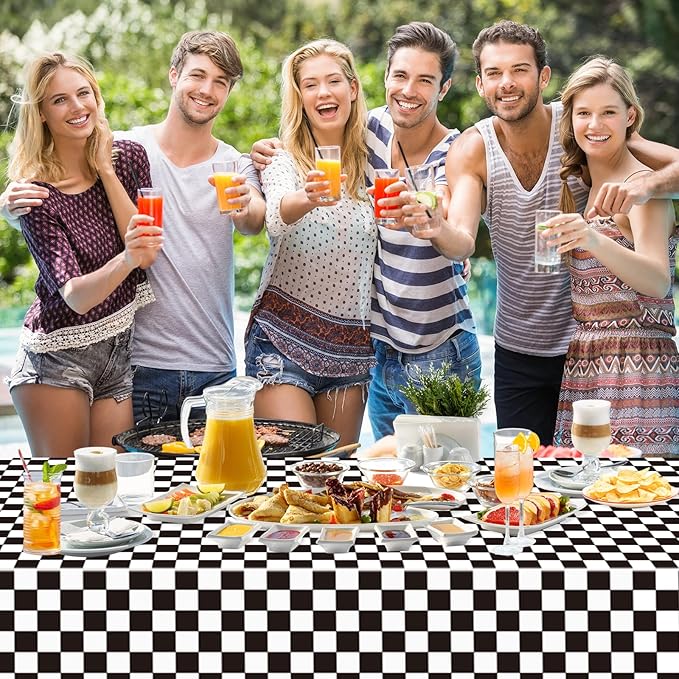 WNINK 2 Pack Black and White Checkered Disposable Tablecloth Race Car Theme Party Table Cloth, Black checkered tablecloth for Race Car Theme Birthday, Outdoor Picnic Parties Decorations, 54 × 108 Inch