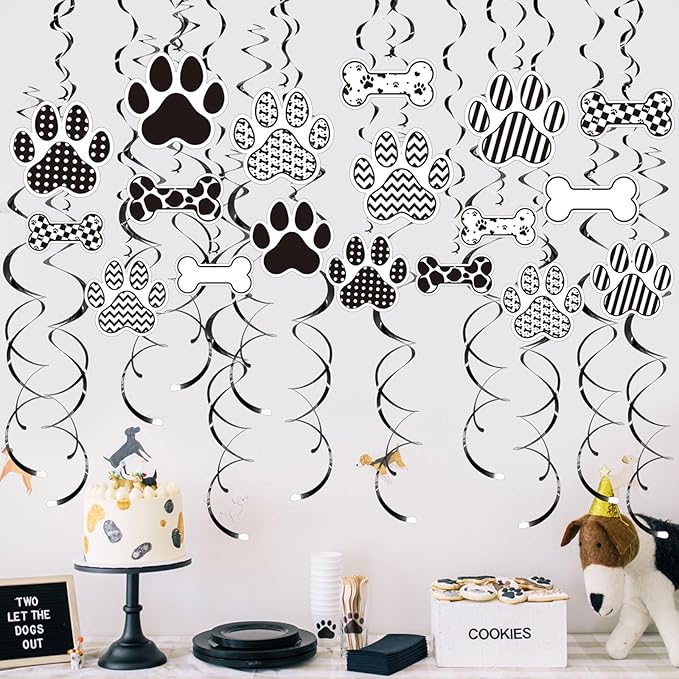 Dog BirthdayHanging Swirl Set Party Decorations, 48 Pcs, Dog Paw Bones Party Supplies Sign,White Black Grid