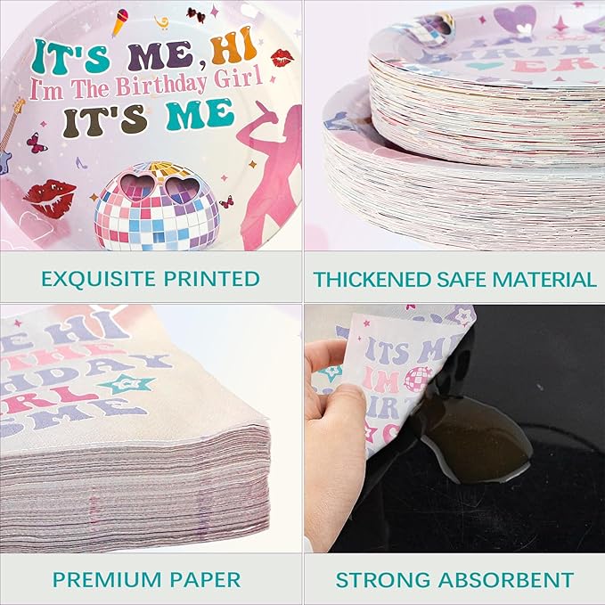 180PCS Its Me Hi Im The Birthday Girl Its Me Party Supplies Serve 60, Music Paper Plates and Napkins Kit for Girl Birthday Party Decorations, Includes Dinner and Dessert Plates, Napkins