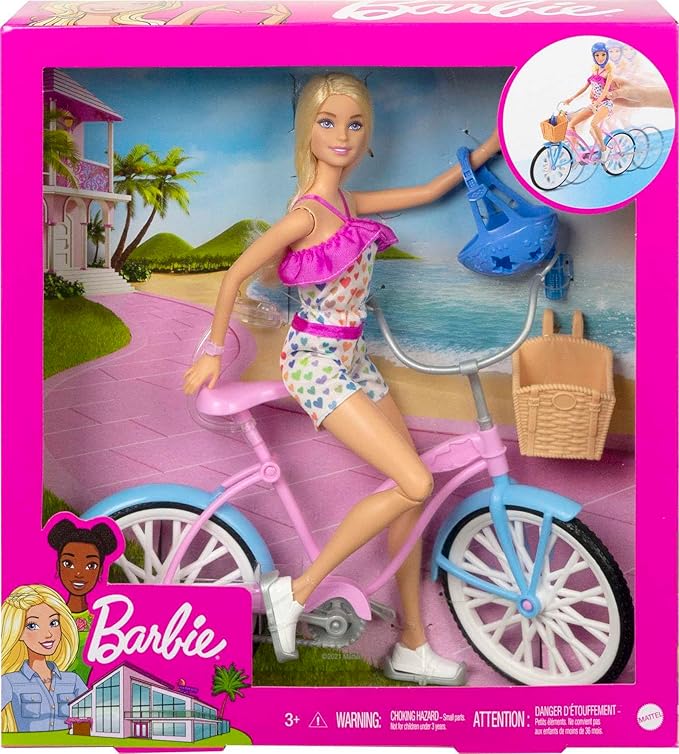 Barbie Doll and Bike Playset with Doll (11.5 in, Blonde), Bicycle with Rolling Wheels & Water Bottle Accessory, Gift for 3 to 7 Year Olds