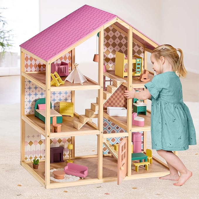 Tiny Land Wooden Dollhouse for Girls - 6 Rooms Wooden Doll House, DIY Pretend Doll House with 31Pcs Furniture Accessories, Creative Gift for Girl Ages 3+ (Dusty Pink)