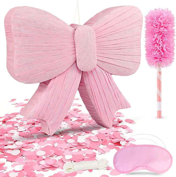Pink Bow Piñata - Pink Pinata with Blindfold, Bat, Rope for Princess Party Supplies, Girls Kids Birthday Party Decorations