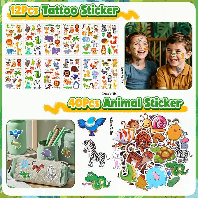 Winrayk 136Pcs Safari Party Favors Jungle Birthday Supplies for Kids, Wooden Painting Kit with Card/ Tote Bag/ Paper Glasses/ Keychain/ Tattoo Sticker/ Animal Sticker, Wild One Party Favors Decor