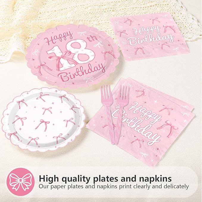96Pcs Pink Bow Party Supplies Coquette 18th Birthday Party Plates and Napkins Disposable Bow Themed Tableware Set for Girl Happy 18th Birthday Baby Shower Decorations, Serves 24