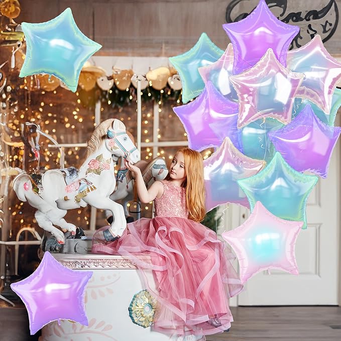 Iridescent Star Balloons, 9Pcs 18Inch Transparent Crystal Star Foil Balloon, Gradient Iridescent Pink Purple Green Pentagram Balloon for Princess Birthday Wedding Easter Party Decoration Mermaid Theme