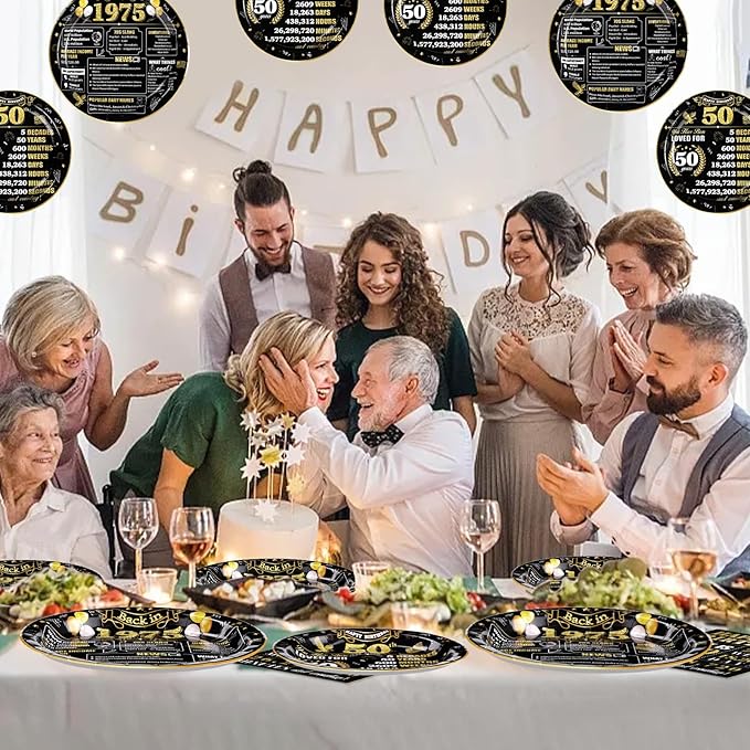 Grencian 96 Pcs 50th Birthday Plates and Napkins Tableware Set Disposable Black and Gold Back in 1975 50th Birthday Decorations for Men Vintage 50 Years Anniversary 1975 birthday Decorations Serves 24
