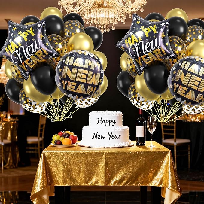 New Year Balloons Back Gold, Happy New Year 2026 Decorations Set, 50 Pcs 12Inch Eve Party Balloon Foil Balloons For 2026 Years Eve Party Supplies Decorations