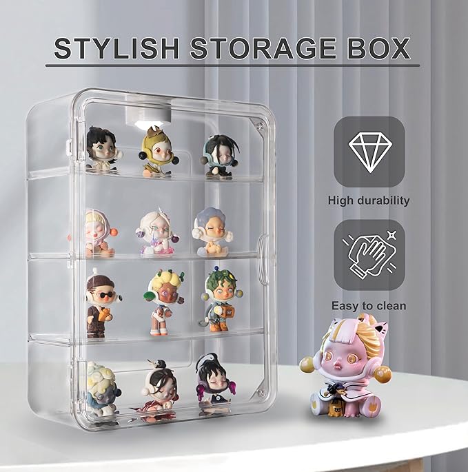 Clear Acrylic Display Case, Figures Display Box Wall Mounted with Lights for Pop Mart Funko Collectibles LEGO Minifigures Mini Action Figurines Mini Toys Pop, 4 Tiers Detachable Desktop Dustproof