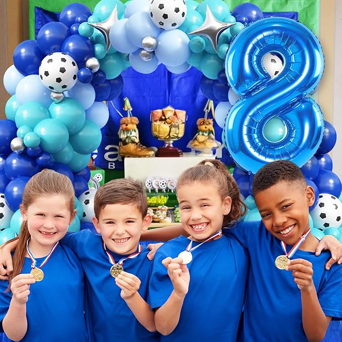 Soccer 8th Birthday Party Supplies - Arch Kit with 40 Inch Number 8 Balloon, Football Foil Balloon, Royal Teal Blue Balloons for Boys 8th Birthday Decoration