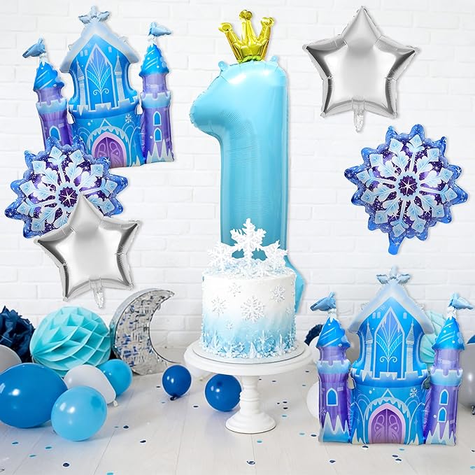 7Pcs 1st Birthday Party Decorations Balloons,Winter Snowflake Balloons Large Blue 40 Inch Number 1 Balloon Foil Star Castle Ballon for Birthday Party Favor Decor Supplies Winter Wonderland Decoration