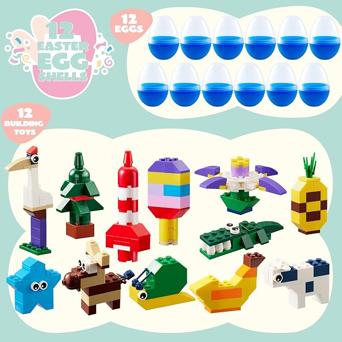 JOYIN 12 Pcs Pre-Filled Easter Eggs with Cute Characters Building Blocks for Kids' Gift, Hunt, Basket Stuffers/Fillers, Party Favor, Classroom Prize Supplies