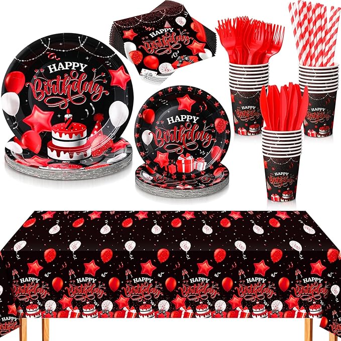 Norme 176 Pcs Black and Red Birthday Tableware Set Birthday Decoration Includes Tablecloth Paper Plates Napkins Paper Cups Forks Knifes and Straws for 25 Guests Party Supplies (Vibrant)