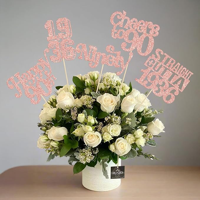 Gyufise 15Pcs Happy 90th Birthday Centerpiece Sticks Ninety Straight Outta 1936 Table Flower Centerpieces Sticks Cheers to 90 Decorations for 90th Birthday Party Supplies Rose Gold