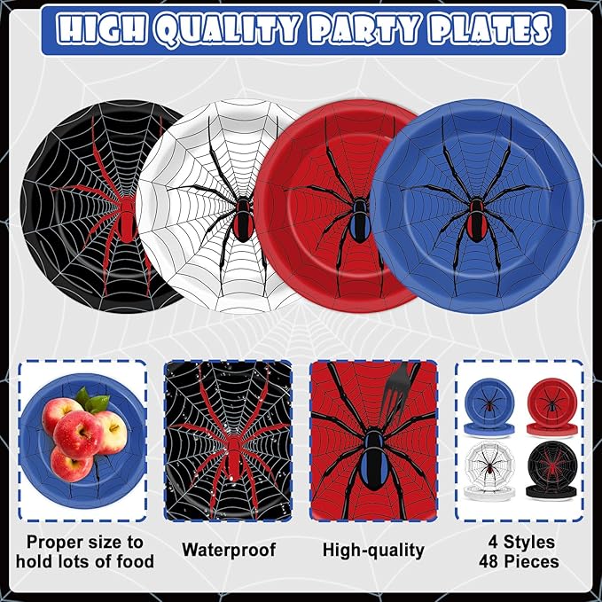 48PCS Spider Party Supplies 7" Super Theme Hero Birthday Parties Dessert Plates Spiderweb Themed Decorations Comic Heroes Tableware Set Cartoon Disposable Paper Plate for Spider Fans Kids Boys Favor