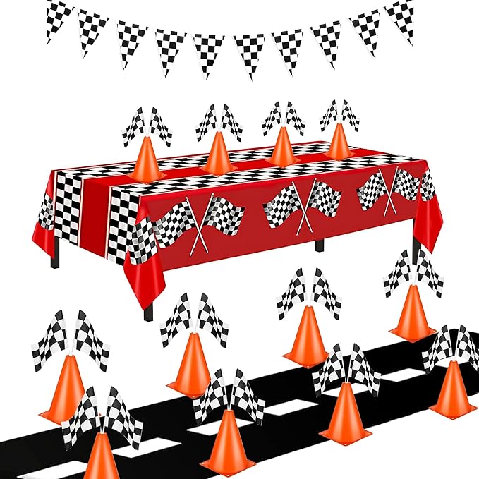 Racing Cars Birthday Decorations,Racecar Centerpiece Decoration - Orange Racing Cones(12), Checkered Flags (24), Plastic Tablecloth (54"x108"),Floor Runner,Banner Race Car Party(40pcs)