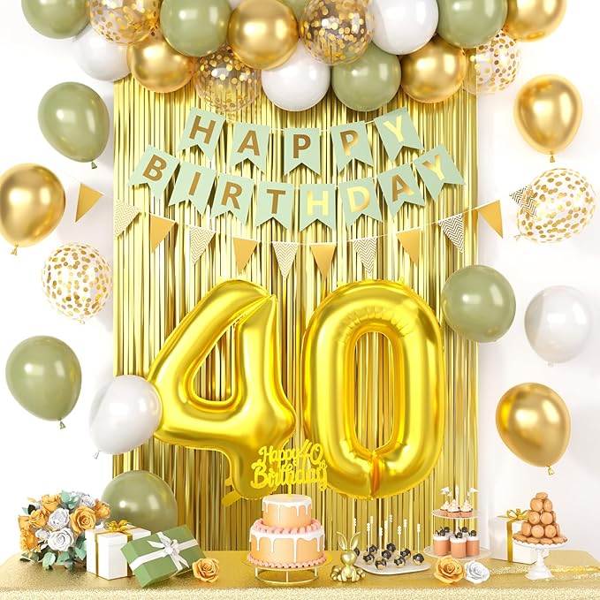 40th Birthday Decorations for Men Women, green gold Happy Birthday Party Decorations With gold Number 40 Balloons sage green Gold Confetti Balloons Fringe Curtain Cake Topper For 40th Party Supplies
