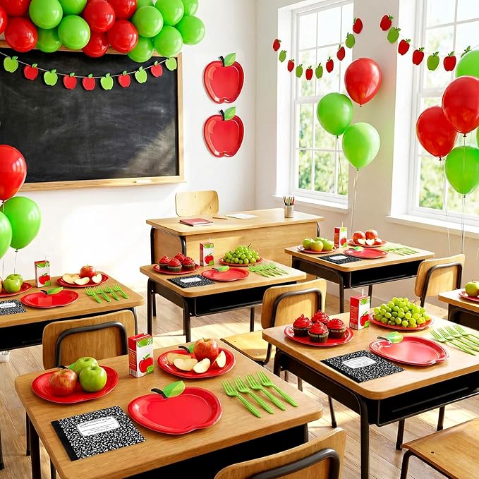 122 Pcs Back to School Party Supplies Set for 24 Guests, 9 Inch 7 Inch Apple Paper Plates Napkins and Forks School Theme Tableware Set for Teacher Appreciation Classroom Party Decorations