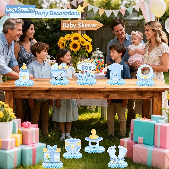9Pcs Baby Shower Decorations Honeycomb Centerpieces for Boy, Cute Pattern It's a Boy Gender Reveal Table Centerpiece, Gender Reveal Party Supplies (Blue)
