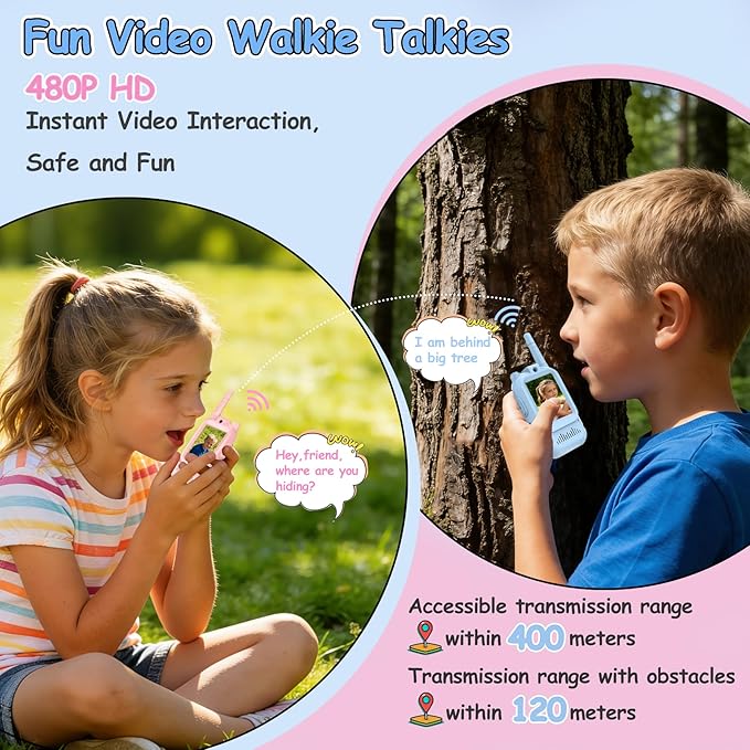Video Walkie-Talkies for Kids, 2 Pack Rechargeable Video Intercom with Voice Changer, Hd Camera, 1000ft Range Kids Walkie Talkies for Indoor, Outdoor Camping, Travel, Ideal Gift for Kids 3-12
