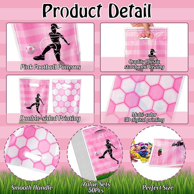 Soccer Party Favor Bags - 50Pcs Pink Football Goody Candy Treat Gift Bags, Sport Themed Party Decorations for Adult Kid Boy Girl Birthday Outdoor Sports Team Games Events Holiday Supplies