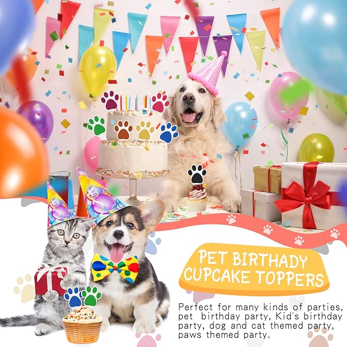 48 Pcs Paw Cake Topper 8 Color Paw Print Cupcake Topper Dog Birthday Party Supplies Dog Pet Puppy Dog Birthday Party Decorations
