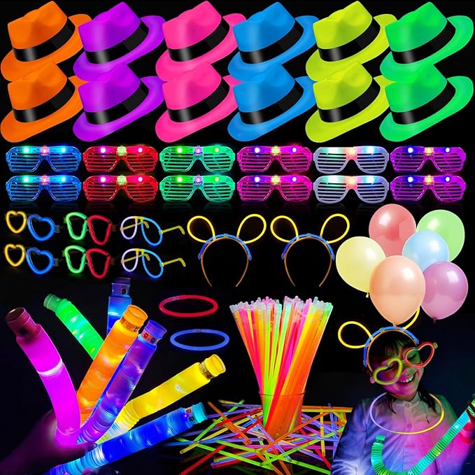 360PCS Glow in the Dark Party Supplies, Light Up Party Favors with Neon Hats, LED Glasses & Pop Tubes, Balloons, 200 Glow Sticks Light Up Accessories for Hora Loca Carnival 80's Neon Party Halloween