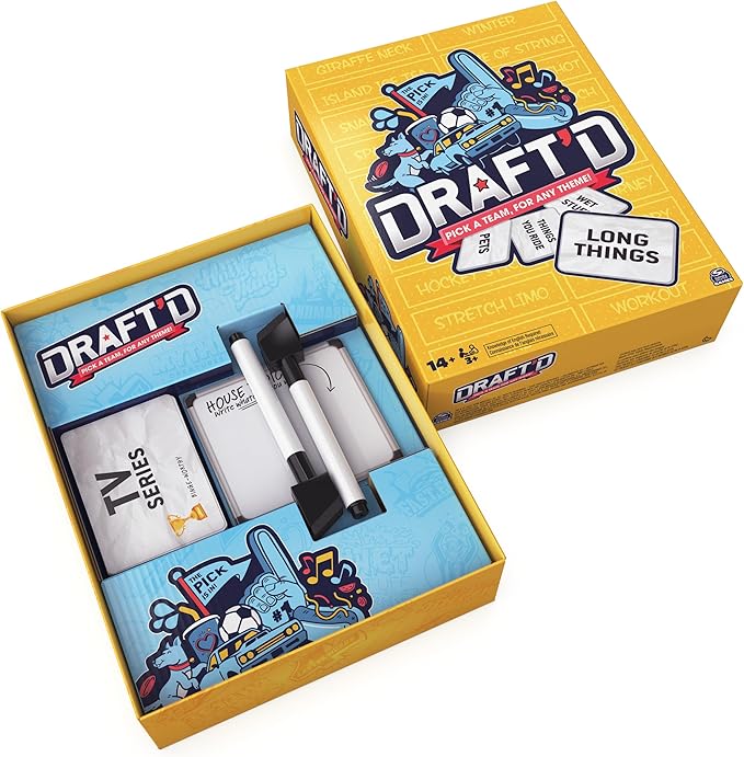 Spin Master Games, Draft’d, Competitive Drafting Party Game with Hilarious Prompts for College Nights, Football Watch Parties, Happy Hour Activity, Easter Gift, 3-5 Players, for Ages 14 & Up