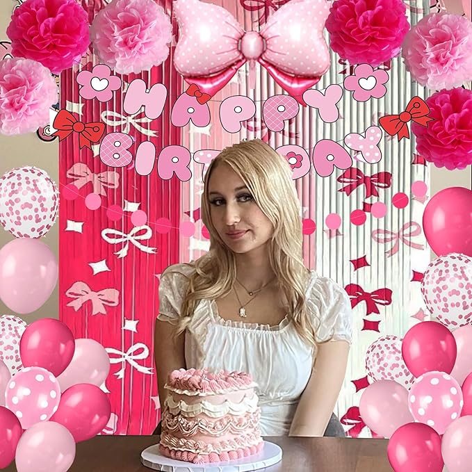 Kitty Birthday Party Decorations, Pink Bow Theme Birthday Party Supplies with Banner, Balloons, Foil Fringe Curtains, Paper Garland Pull Flower, Tissue Paper Pom Poms