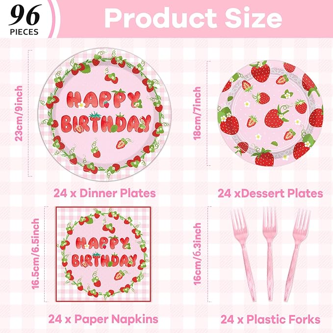 96 PCS Strawberry Theme Birthday Shortcake Party Paper Plates and Napkins Disposable Strawberry Party Plates Dinnerware Berry Sweet Tableware Decor for Baby Shower Birthday Gatherings Decorations