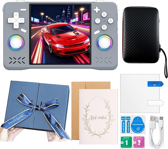 Upgraded XF40H Handheld Game Console,Retro Gaming Console Preloaded with Classic Games,4.0 Inch 4K HD IPS Screen,Portable Pocket Video Gaming with Valentine's Card & Premium Gift Box(128Gb Grey)