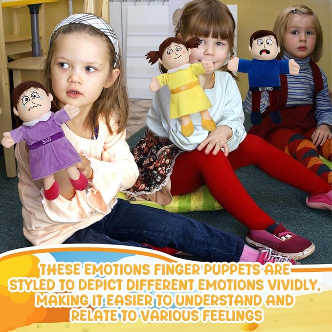 Lenwen 6 Pcs Feelings Hand Puppets for Kids, Emotions Toys, Soft Plush Sensory Puppets with Movable Limbs, Core Emotions Set for Storytelling, Social Emotional Learning Activities